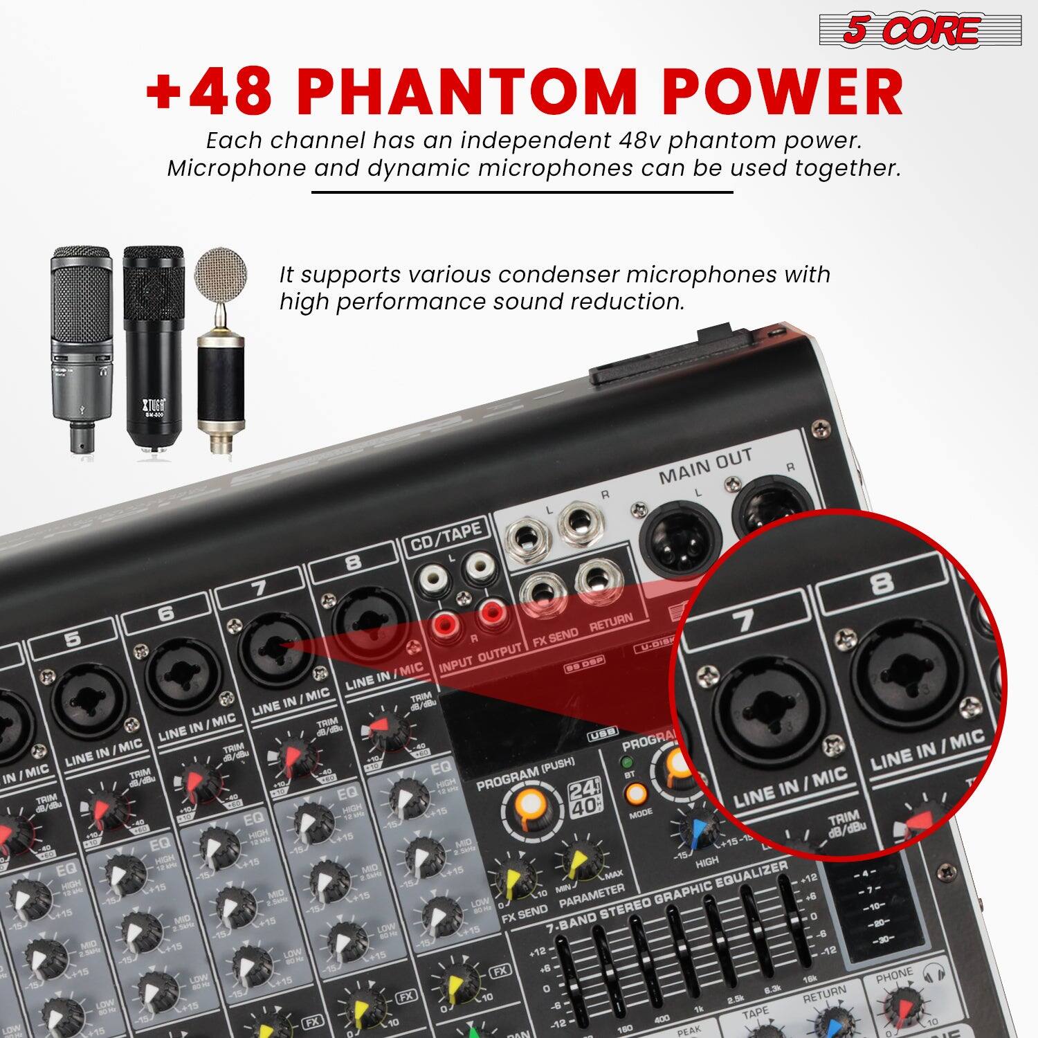 5 CORE +48 PHANTOM POWER

Each channel has an independent 48v phantom power. Microphone and dynamic microphones can be used together.

It supports various condenser microphones with high performance sound reduction.

MAIN OUT R L CD/TAPE B 7 8 6 RETURN 7 R FX SEND OUTPUT CUO-B MIC INPUT .. D IN I LINE IN I MIC THIM LINE  IN I MIC TRM LINE V UsB I MIC TRMM PROGRA IN I MIC LINE IN - LINE MIC TWA EQ (PUSH) - IN  d PROGRAM MIC HIGH IN THM EQ LINE - HIGH 40 EQ MOCH TRIM HIDH 3/dBc EQ MID EQ M HIGH MI MAK EQUALIZER +12 SE LOW PARAMETER GRAPHIC - FX SEND STEREO LOW 7-BAND MID L LDW 12 12 TK  LOW - PHONE O FX NO S RETURN D 6 - TAPE FA T0  LOW -AN 180 PEAK