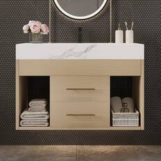 Front. Boyel Living - 29.9 In Wall-Mounted Vanity Sintered Stone Top Ceramic Undermount Sink Small Baths - Wood.