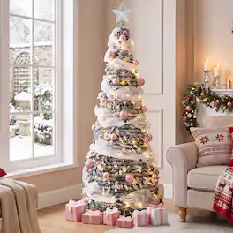 Costway - 6 ft Pop Up Flocked Christmas Tree with 55 Xmas Balls 150 Pre-Lit LED Lights Ribbon - Green & White