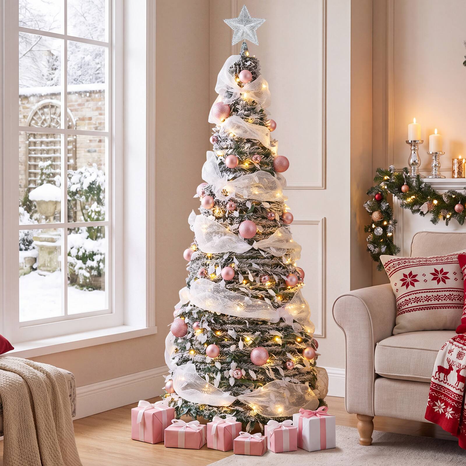 Front. Costway - Costway 6 ft Pop Up Flocked Christmas Tree with 55 Xmas Balls 150 Pre-Lit LED Lights Ribbon - Green & White.