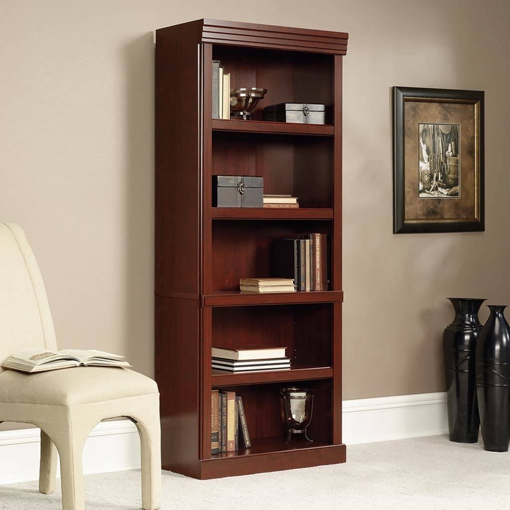 Angle. Hivvago - 71-inch High 5-Shelf Wooden Bookcase in Cherry Finish - Cherry Finish.
