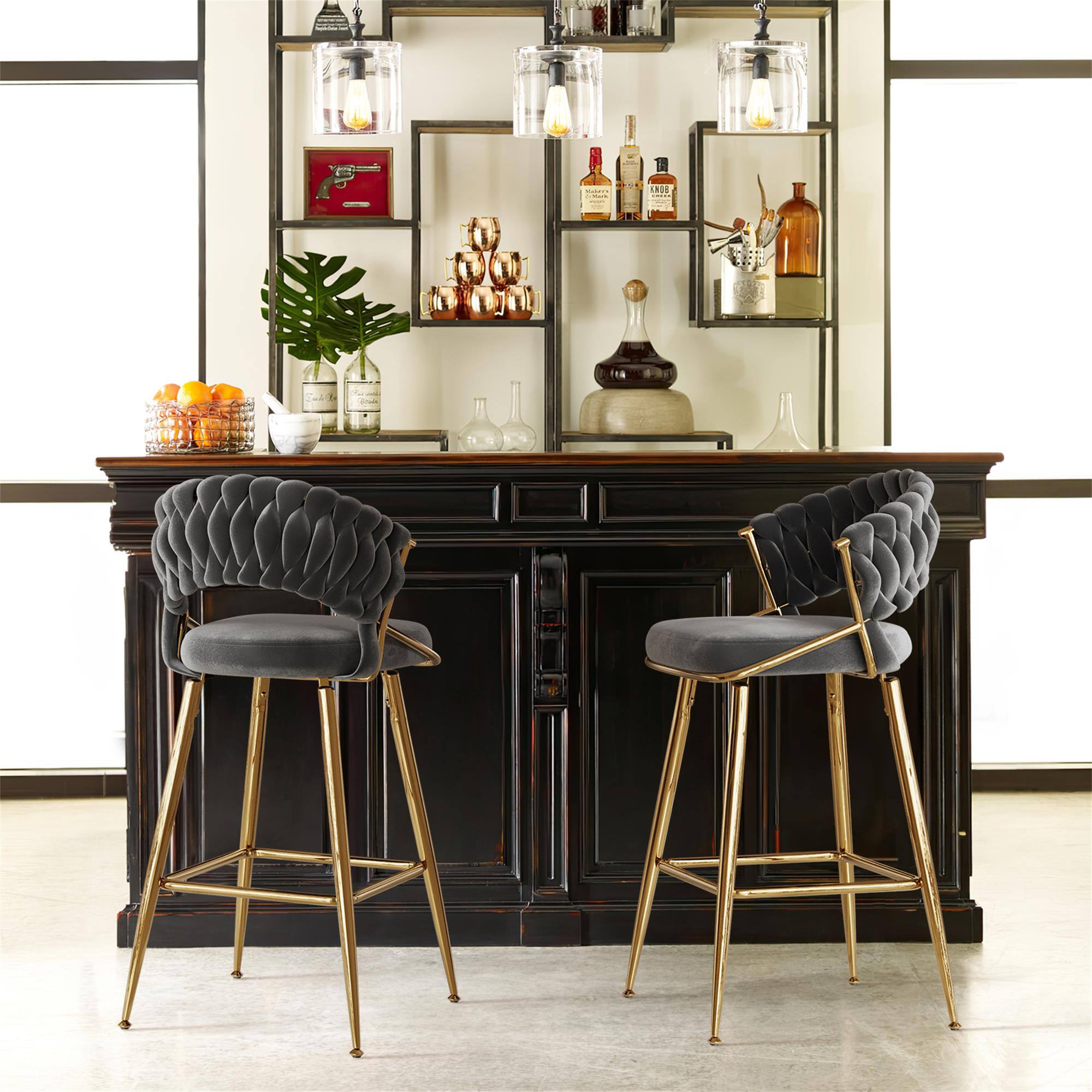 Alt View 2. Boyel Living - Modern Velvet Counter Stool with Gold Accents Ergonomic Design & Plush Seat for Kitchen Island & Bar - Black.