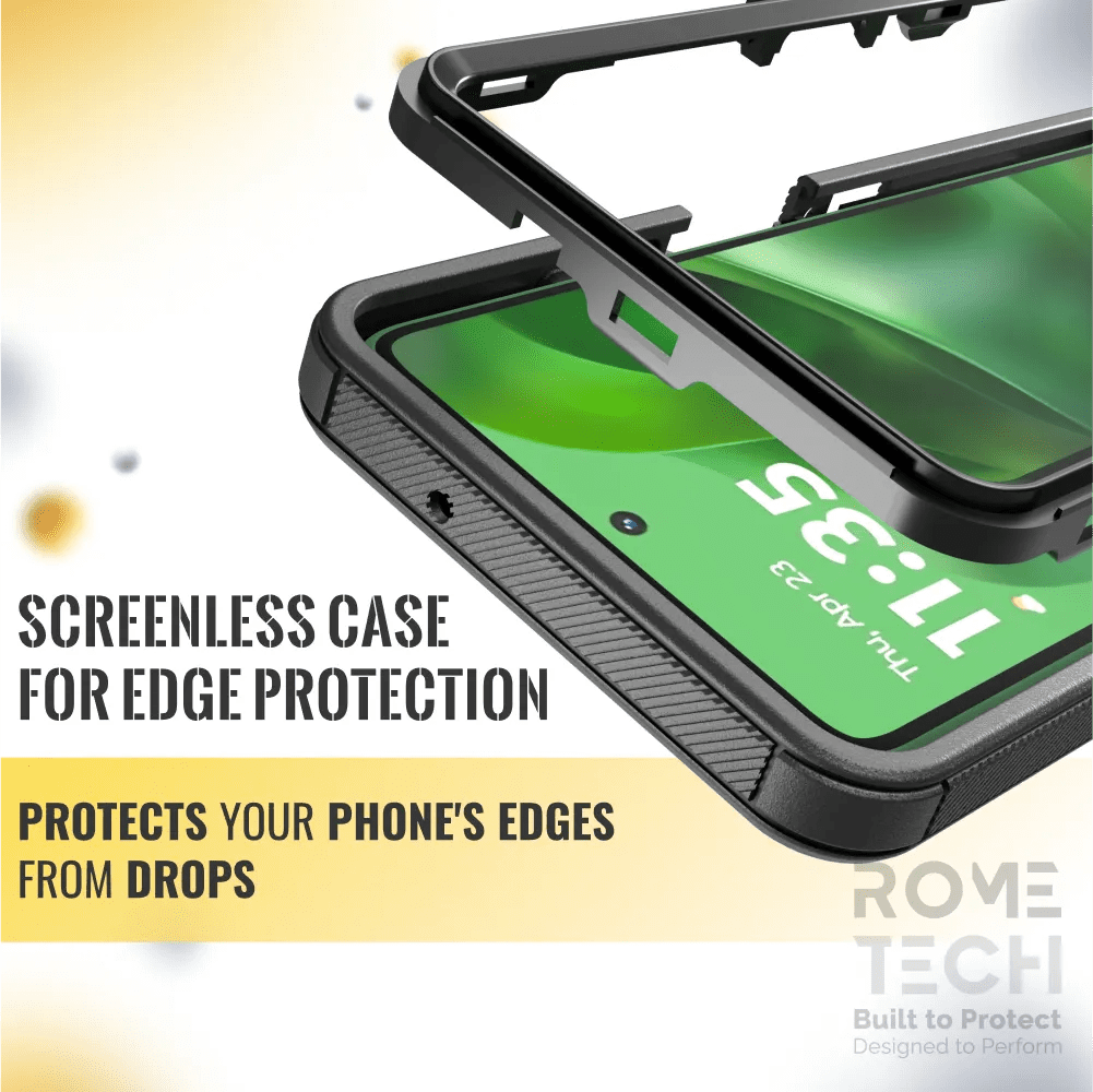 SCREENLESS CASE  
FOR EDGE PROTECTION  

PROTECTS YOUR PHONE'S EDGES FROM DROPS  

ROVE TECH  
Built to Protect  
Designed to Perform