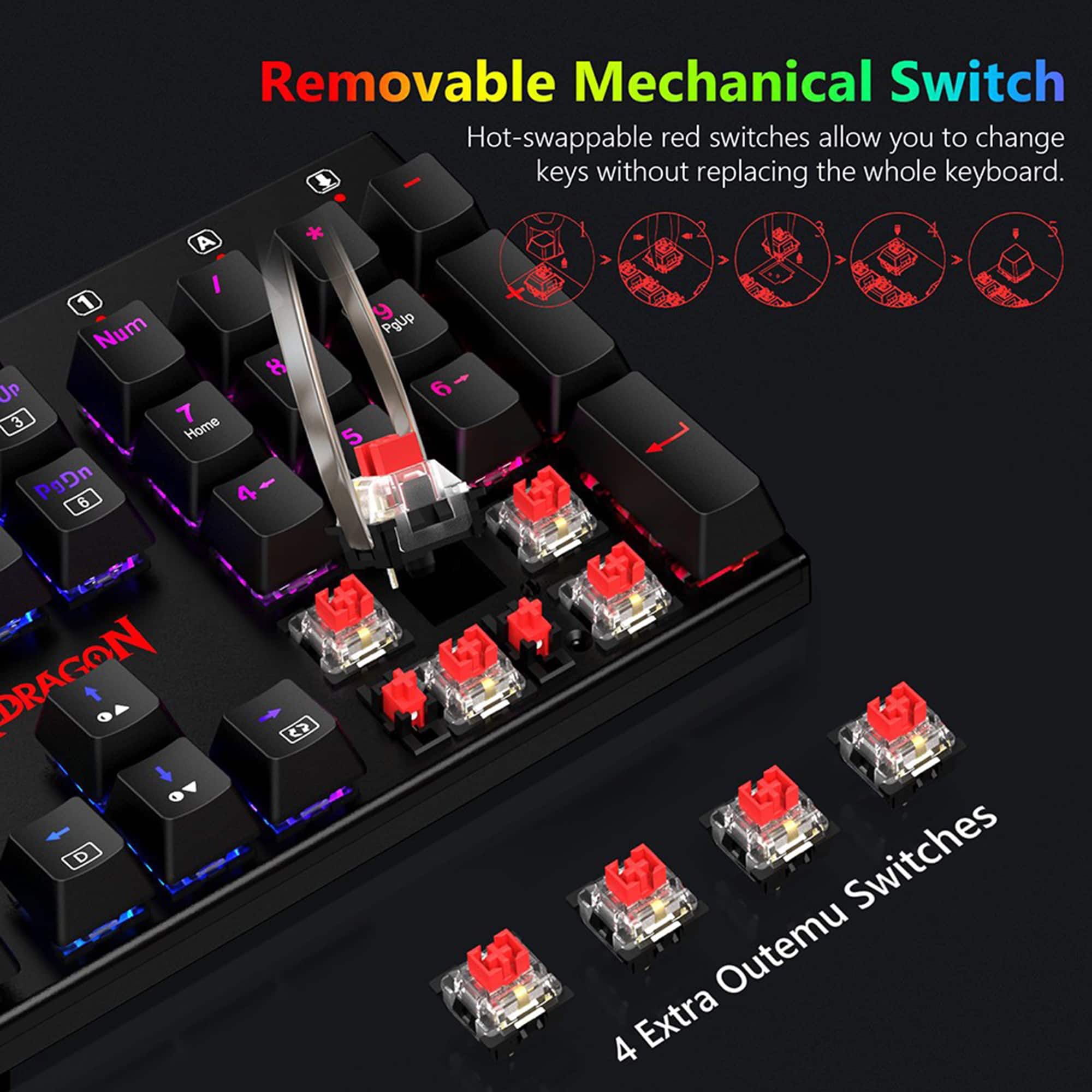 Removable Mechanical Switch: Hot-swappable red switches allow you to change 4 keys without replacing the whole keyboard. - A I 1 Num JP 3 7 Home PgDn B 8 y PgUp 6 5 DRAGON Switches Outemu 4 Extra.