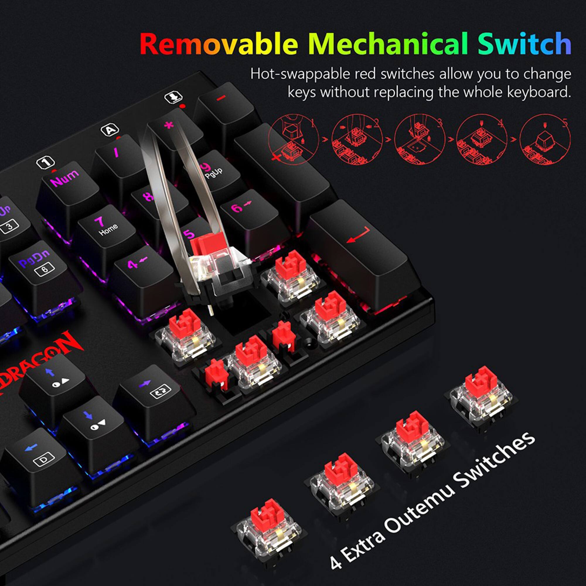 Removable Mechanical Switch: Hot-swappable red switches allow you to change 4 keys without replacing the whole keyboard. - A I 1 Num JP 3 7 Home PgDn B 8 y PgUp 6 5 DRAGON Switches Outemu 4 Extra.