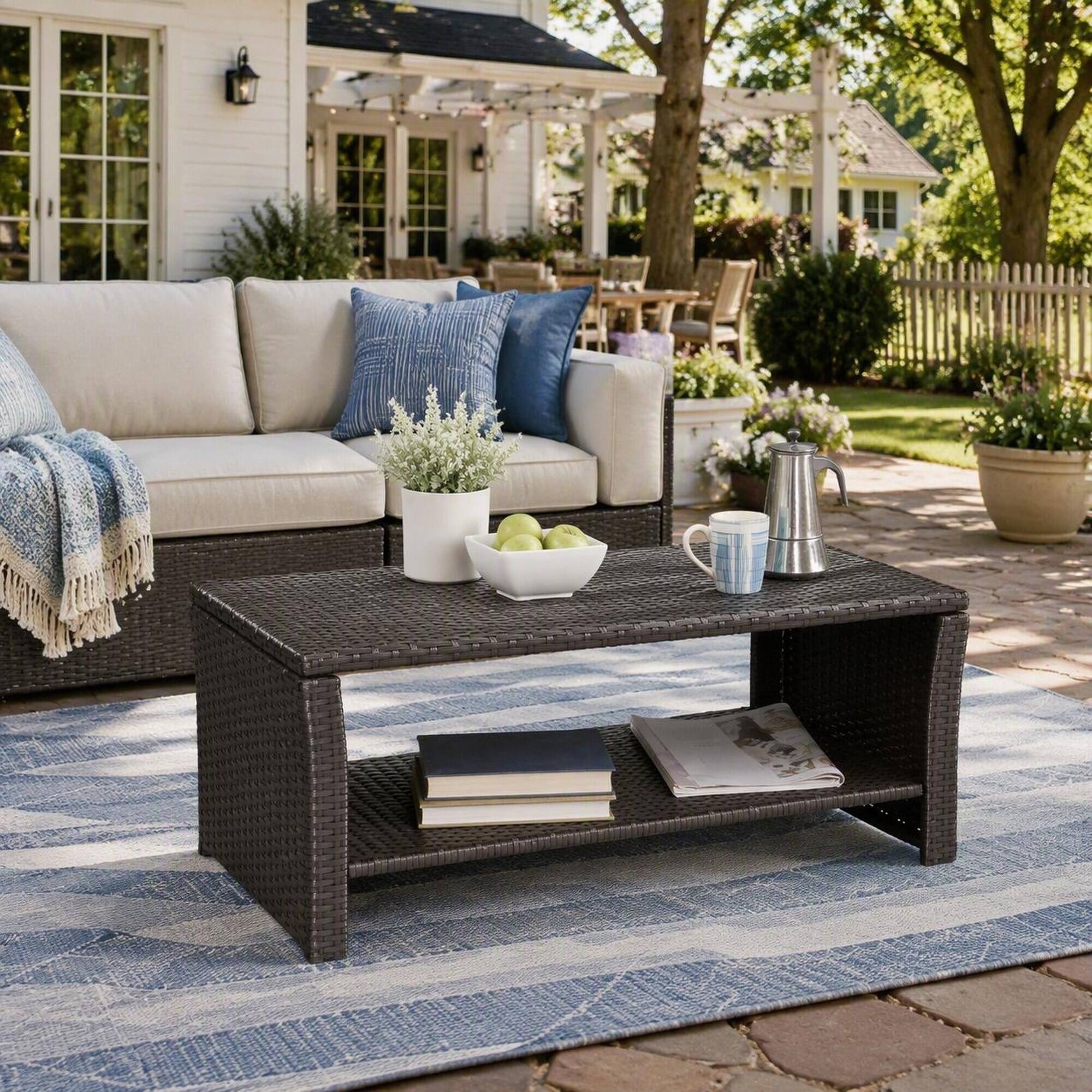 Back. RYHNUYNE - 2-Tier Outdoor Coffee Table with Storage Shelf,Patio Rattan Furniture,Rectangular Side Table for Garden Deck Porch - Brown.