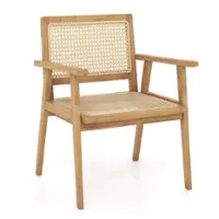 Costway 1 PCS Wood Chair Indonesia Teak Wood Armchair with Rattan Seat & Back Patio Chair for Porch - Natural - Front_Zoom