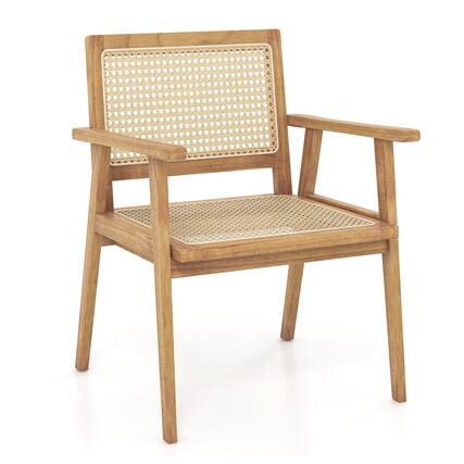 Front. Costway - 1 PCS Wood Chair Indonesia Teak Wood Armchair with Natural Rattan Seat & Back Patio Chair for Porch - Natural.