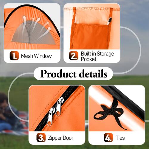 1. Mesh Window  
2. Built in Storage Pocket  
3. Zipper Door  
4. Ties