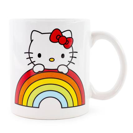 Front. Silver Buffalo - Sanrio Hello Kitty Rainbow Peek Ceramic Mug | Holds 20 Ounces - Red.