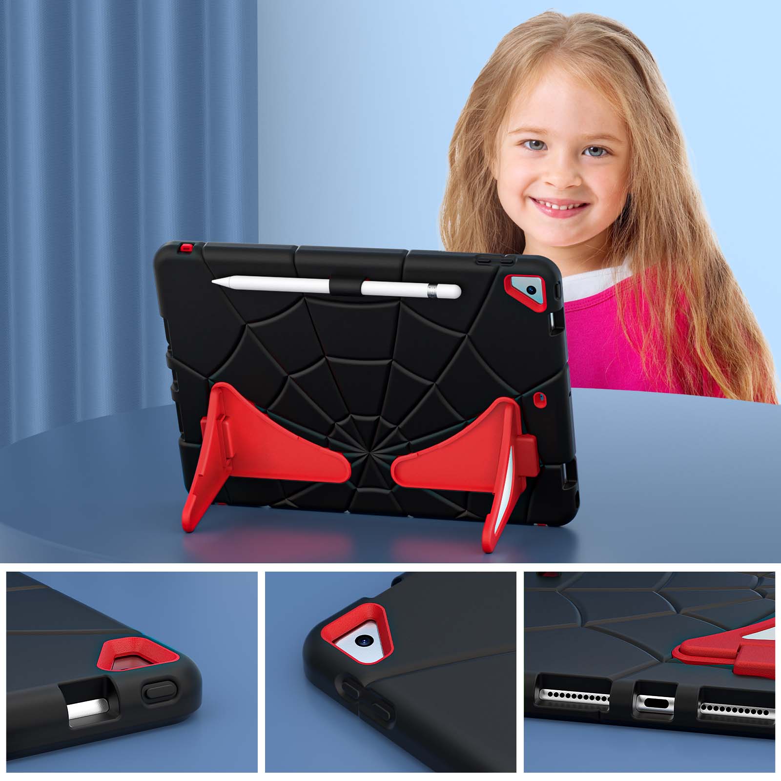 Alt View 4. UUCOVER - Kids Case for iPad 9th 8th 7th Gen 10.2-inch (2021/2020/2019) ,Shockproof TPU+PC Rugged Stand Case Protective Cover - Black+Red.