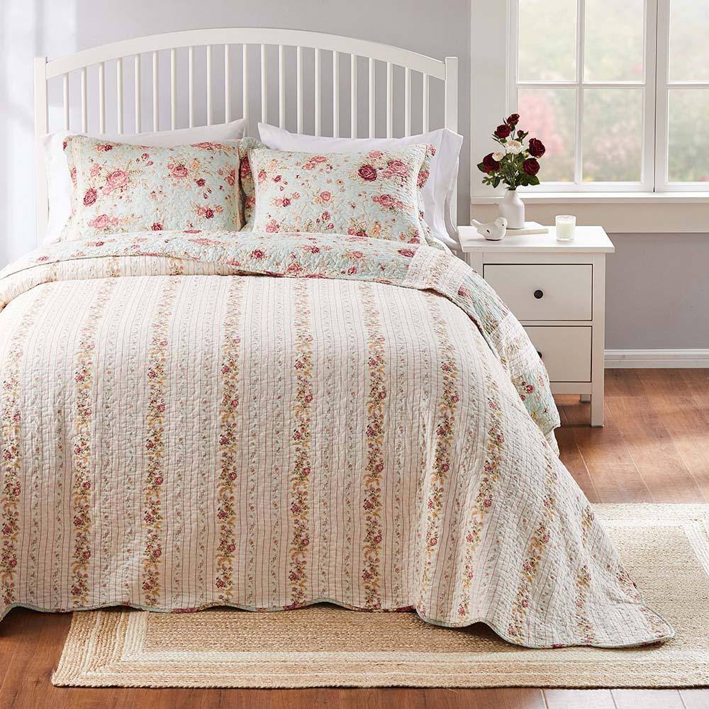 Alt View 1. Greenland Home Fashions - Greenland Home Antique Rose Bright Florals and Whimsical Songbirds Bedspread Set 3-Piece Queen Blue - Blue.