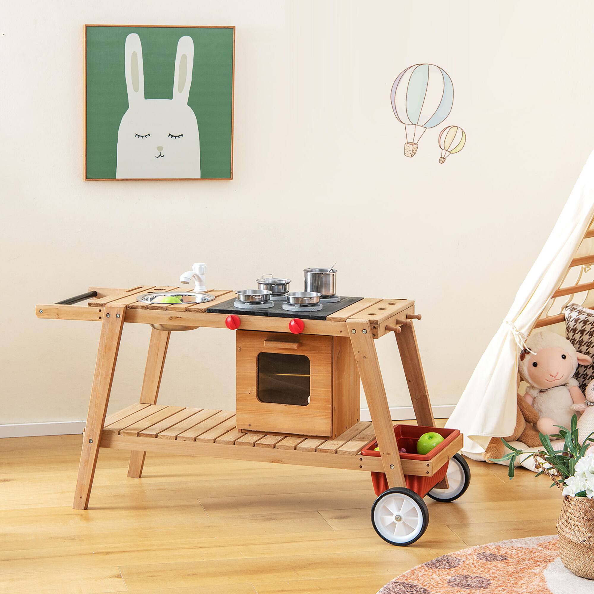Alt View 3. Costway - Costway Kid's Play Trolley Outdoor Wooden Kids Play Cart with Sun Umbrella  for Toddlers 3+ - White.