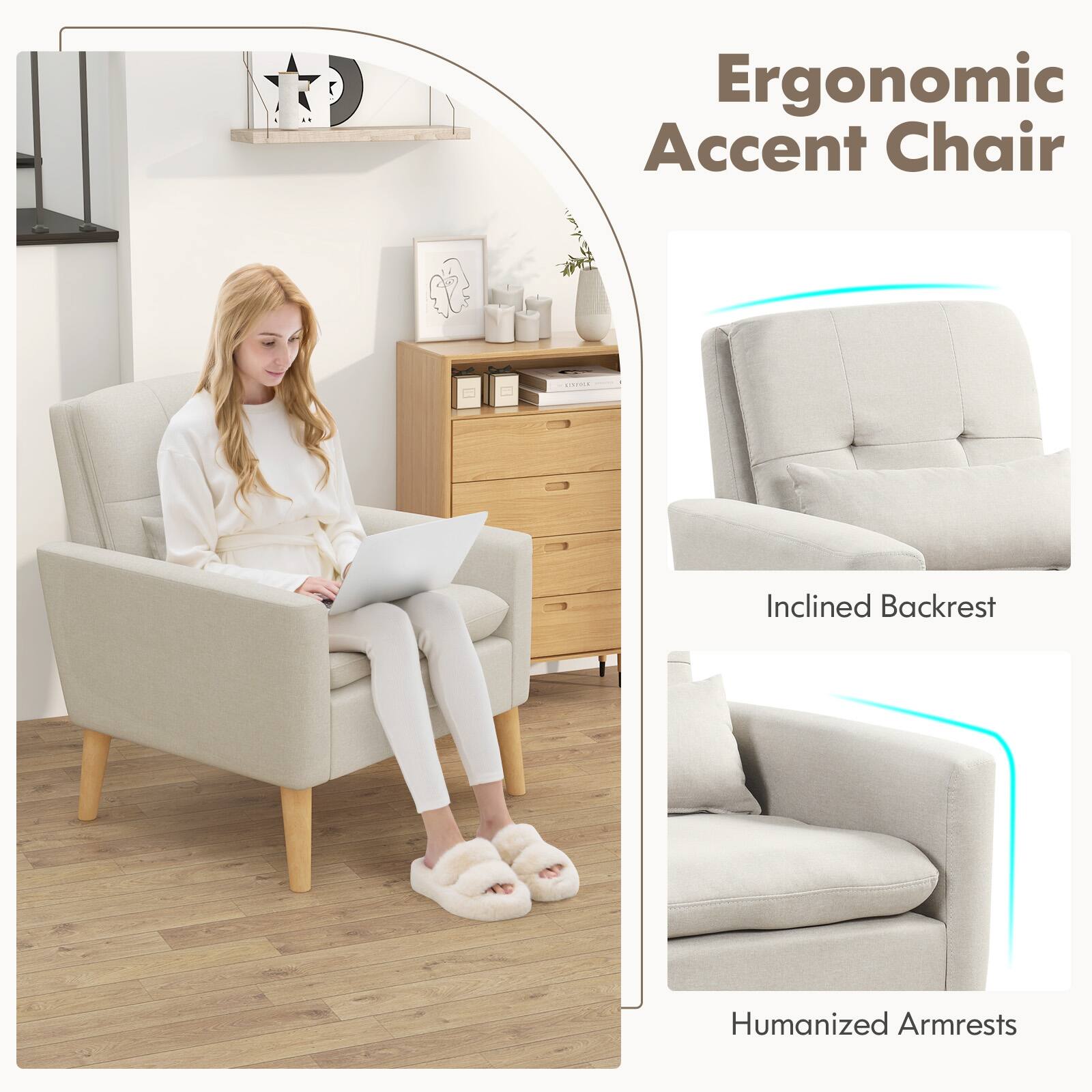 Ergonomic Accent Chair: Inclined Backrest, Humanized Armrests