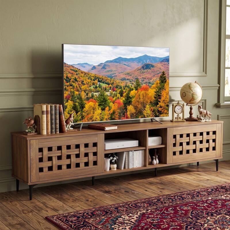 Angle. WELLFOR - Wood TV Stand for TVs up to 80" with 2 Doors and Open Shelves, Modern TV Media Console for Living Room Bedroom - Walnut.