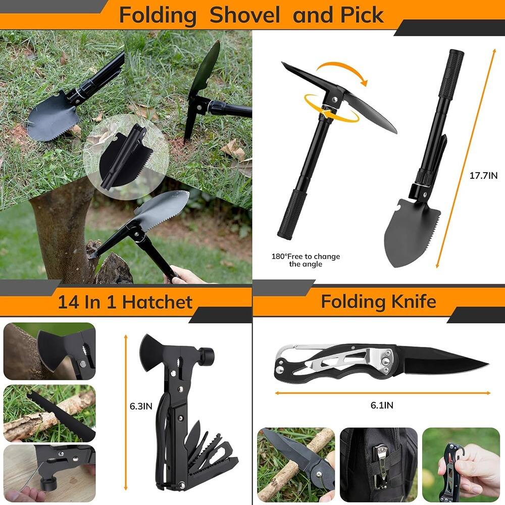 Folding Shovel and Pick  
17.7IN  
180° Free to change the angle  

14 In 1 Hatchet  
6.3IN  

Folding Knife  
6.1IN
