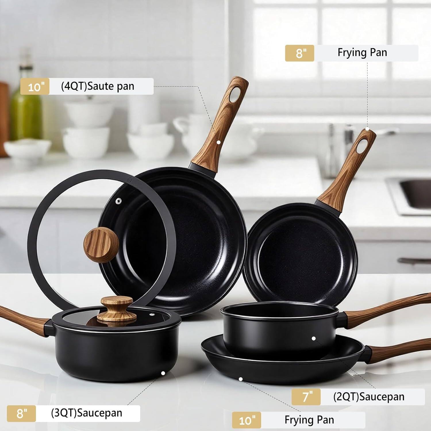 - 8" Frying Pan
- 10" (4QT) Saute pan
- 8" (3QT) Saucepan
- 10" Frying Pan
- 7" (2QT) Saucepan