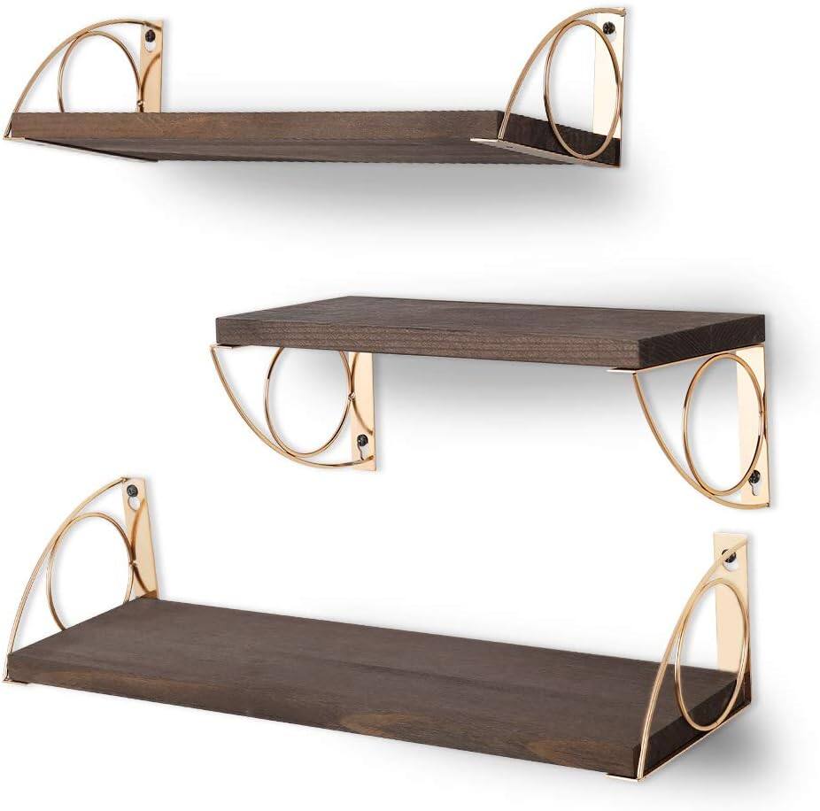Angle. Oumilen - 3 Pack Floating Wall Shelves – Rustic Wood Shelves with Golden Circle Brackets, 3 Sizes - Rustic Brown.
