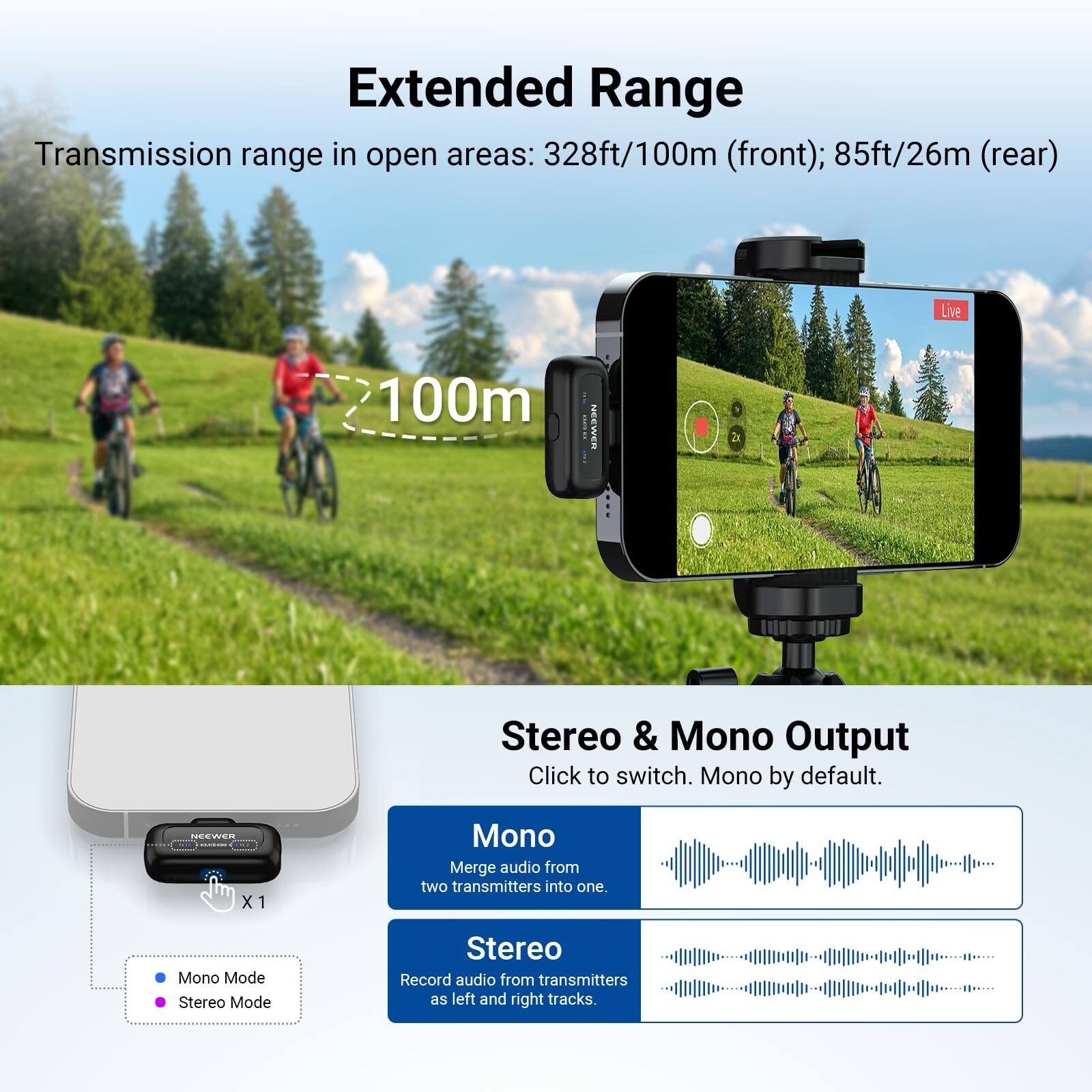 Extended Range  
Transmission range in open areas: 328ft/100m (front); 85ft/26m (rear)  

Live 100m  

NEEWER a Stereo & Mono Output  
Click to switch. Mono by default.  

NEEWER X 1  
Mono Merge audio from two transmitters into one.  

Mono Mode  
Stereo Mode  
Stereo Record audio from transmitters as left and right tracks.