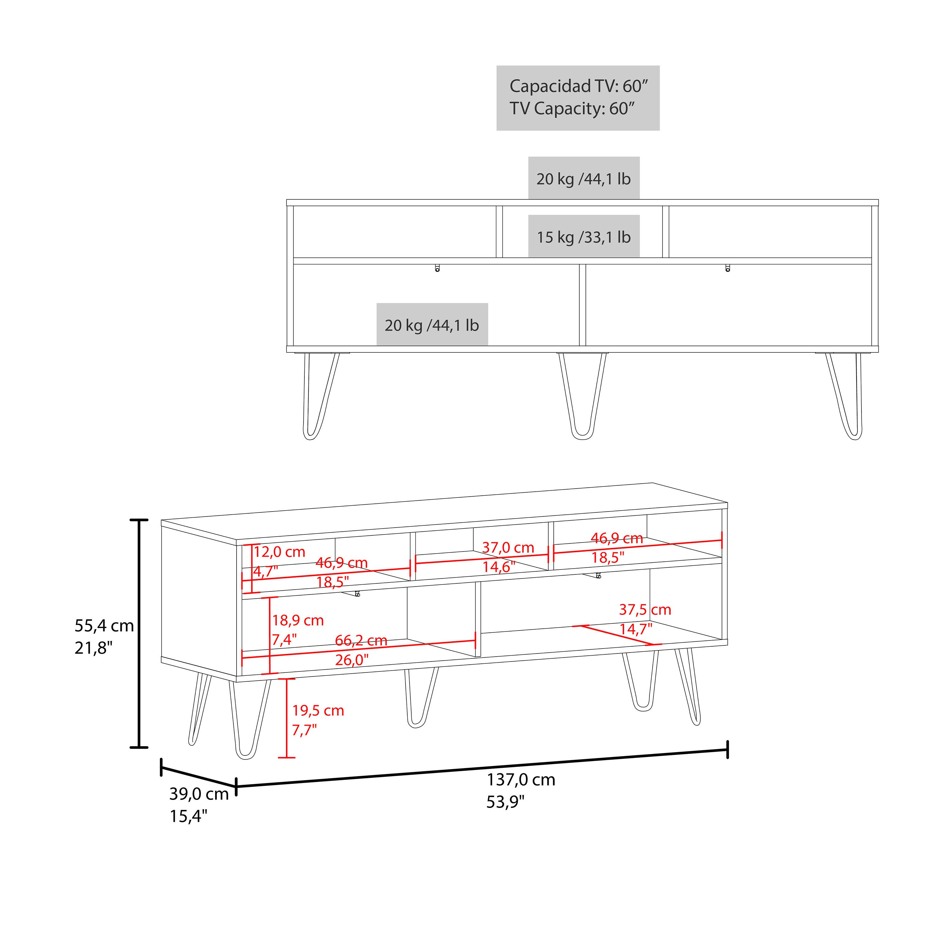 Capacidad TV: 60"  
TV Capacity: 60"  

20 kg / 44,1 lb  
15 kg / 33,1 lb  

55,4 cm / 21,8"  
12,0 cm / 4,7"  
46,9 cm / 18,5"  
18,9 cm / 7,4"  
66,2 cm / 26,0"  
37,0 cm / 14,6"  
46,9 cm / 18,5"  
37,5 cm / 14,7"  
19,5 cm / 7,7"  
39,0 cm / 15,4"  
137,0 cm / 53,9"