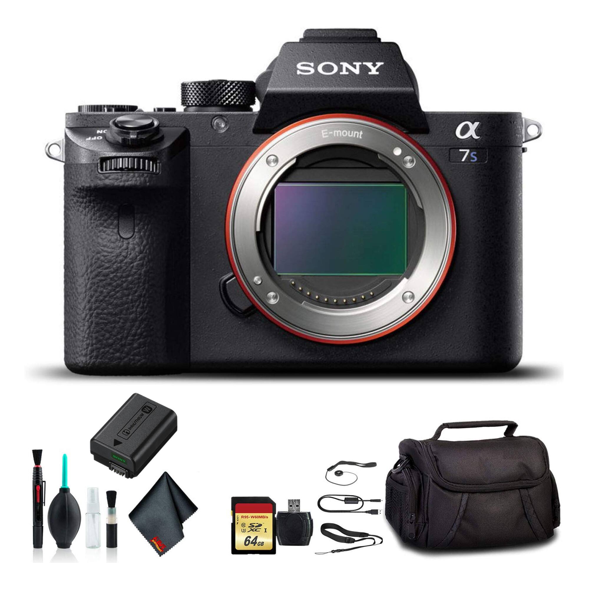 SONY α7S II E-mount

Includes:
- Battery
- 64GB Memory Card
- Cleaning Kit
- Camera Bag
- USB Cable