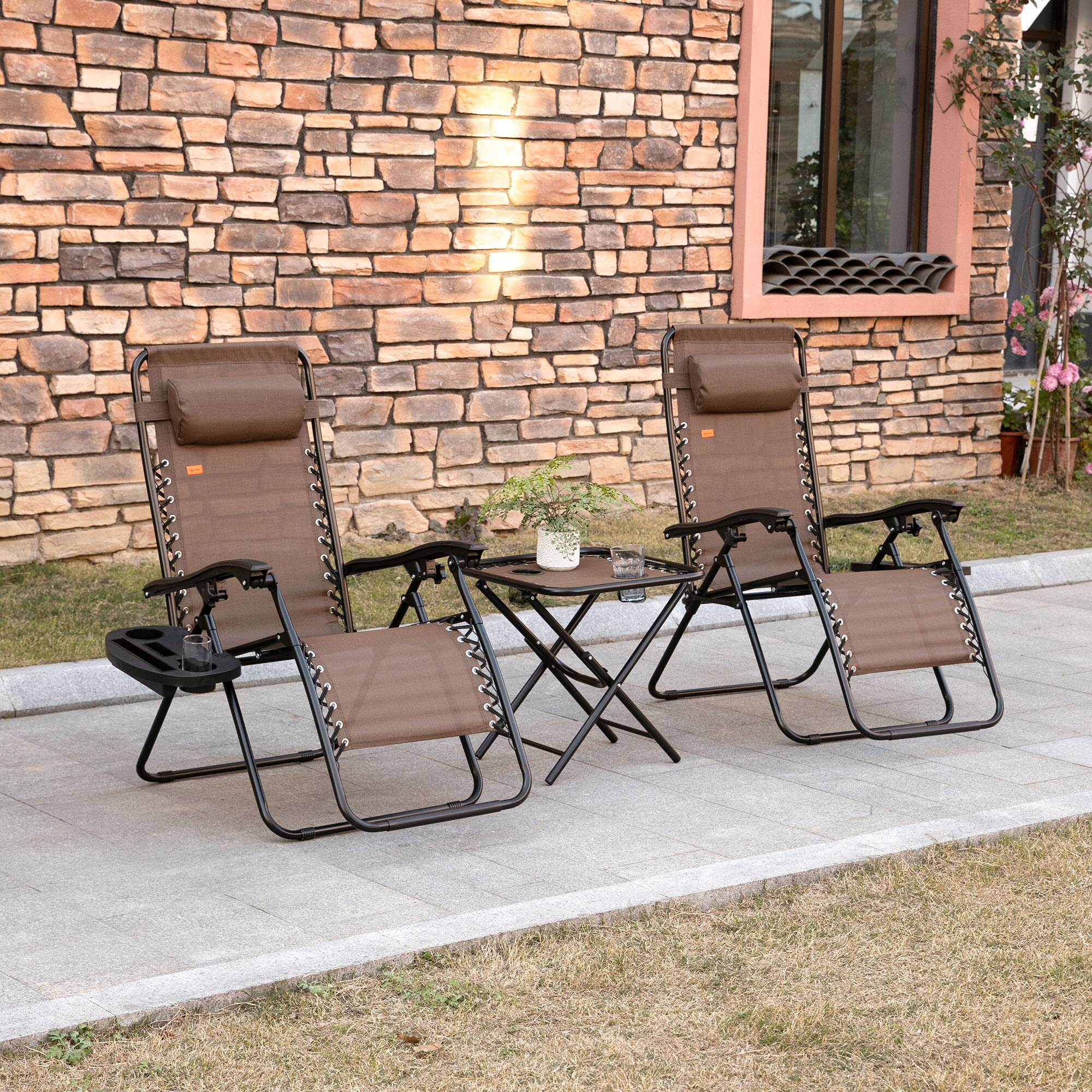 Alt View 1. Outsunny - Zero Gravity Chair Set with Side Table, Folding Reclining Chair with Cupholders & Pillows, Adjustable Lounge Chair - Brown.