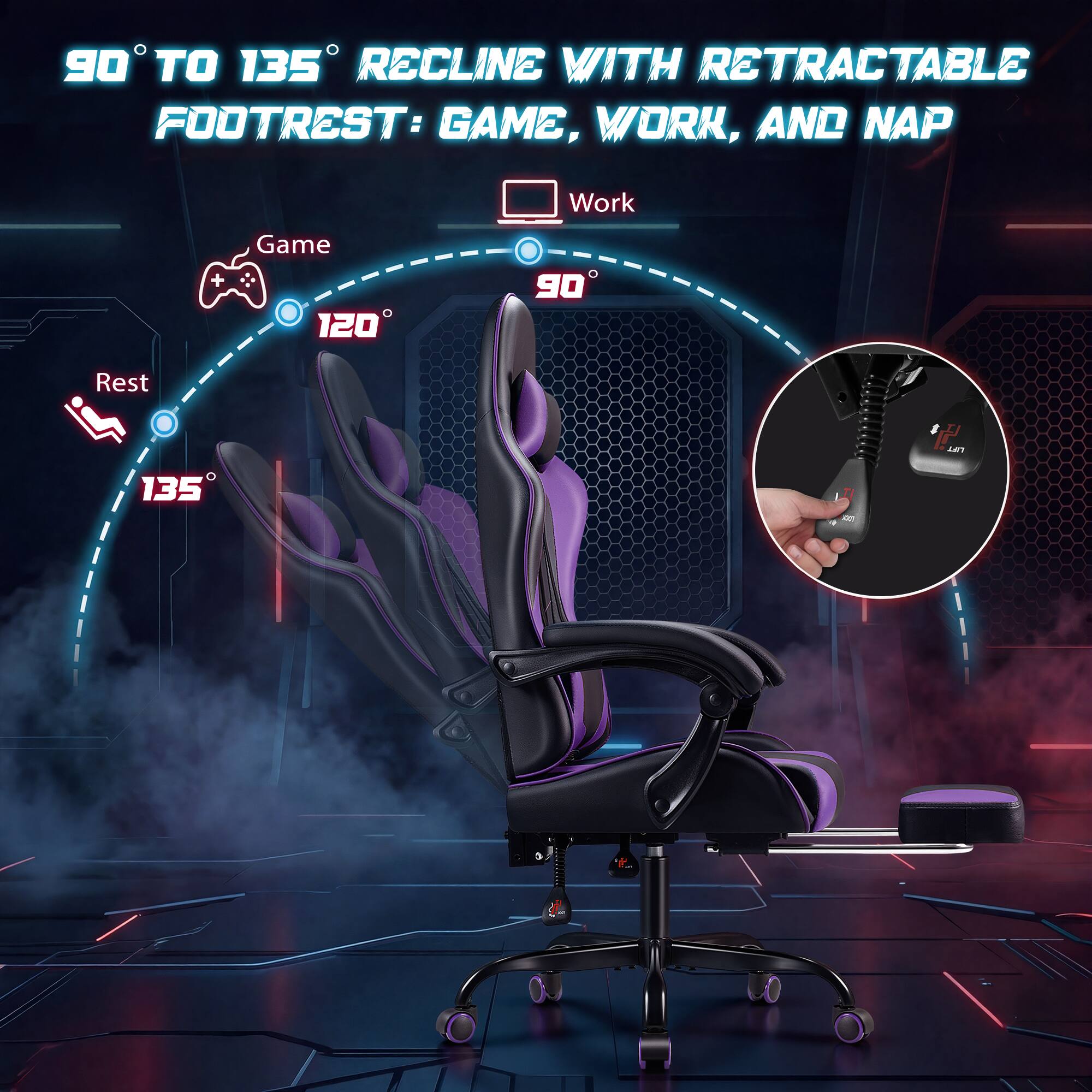 90° TO 135° RECLINE WITH RETRACTABLE FOOTREST: GAME, WORK, AND NAP

Game 120°
Work 90°
Rest 135°