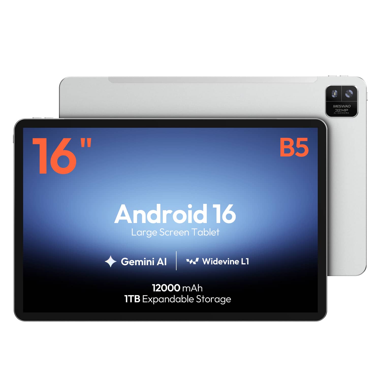 MESWAO - 16-Inch Android 16 Tablet with 128GB Storage, 12GB Memory, 1920 x 1200 IPS Display, Helio G99, Widevine L1 - Silver
