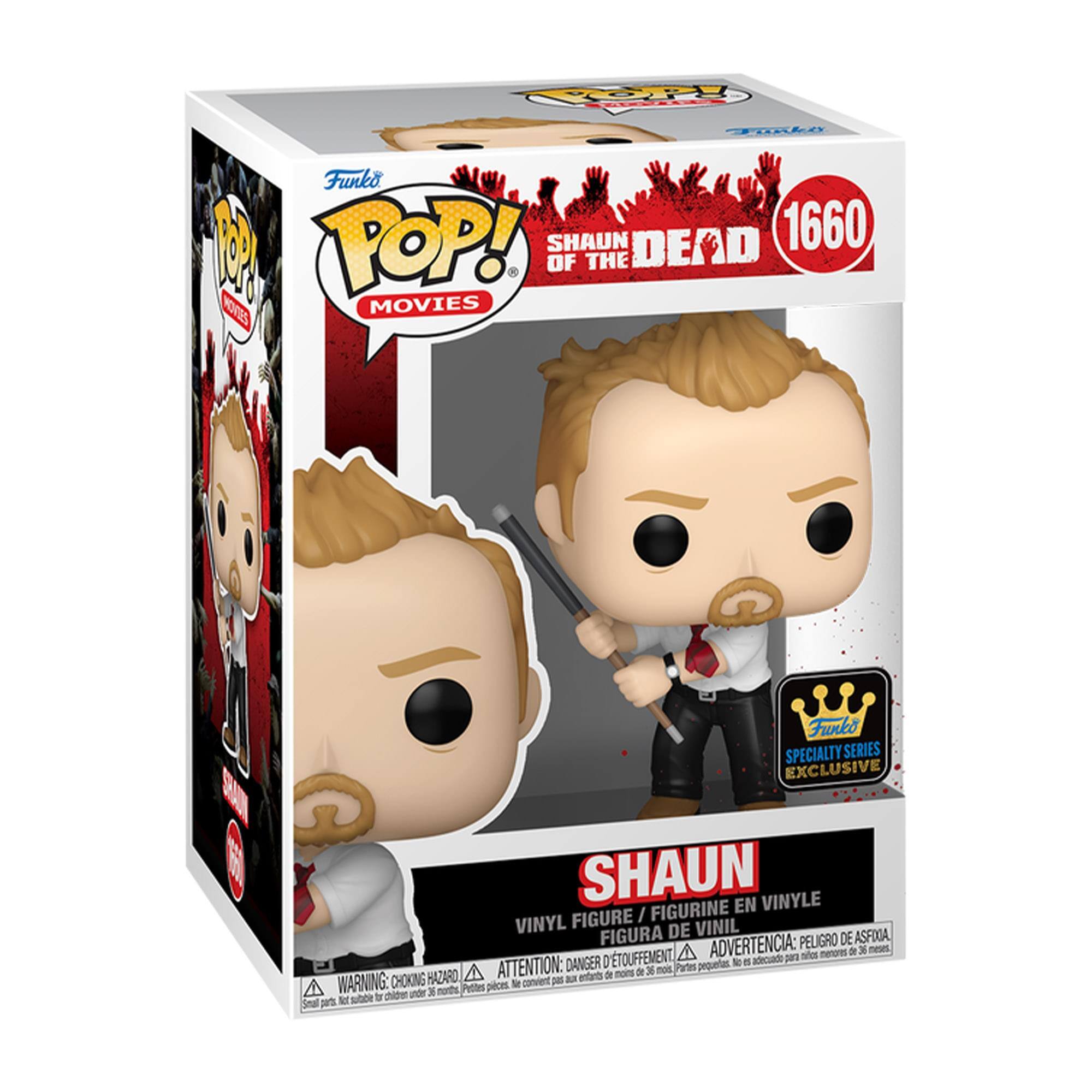 Sure, here is the corrected and grouped text from the image:

---

**Front:**
- Funko POP! MOVIES
- SHAUN OF THE DEAD
- 1660
- SHAUN
- VINYL FIGURE / FIGURINE EN VINYLE / FIGURA DE VINIL / FIGURA DE VINIL
- WARNING: CHOKING HAZARD - Small parts. Not for children under 3 years. / ATTENTION: PELIGRO DE ASFIXIA - Piezas pequeñas. No es adecuado para menores de 3 años. / AVERTISSEMENT: DANGER D'ETOUFFEMENT - Petite pièce. Ne convient pas aux enfants de moins de 3 ans. / ADVERTENCIA: PELIGRO DE ASFIXIA - Piezas pequeñas. No es adecuado para menores de 3 años.
- Funko SPECIALTY SERIES EXCLUSIVE

**Side:**
- SHAUN OF THE DEAD
- 1660

**Bottom:**
- SHAUN
- VINYL FIGURE / FIGURINE EN VINYLE / FIGURA DE VINIL / FIGURA DE VINIL
- WARNING: CHOKING HAZARD -