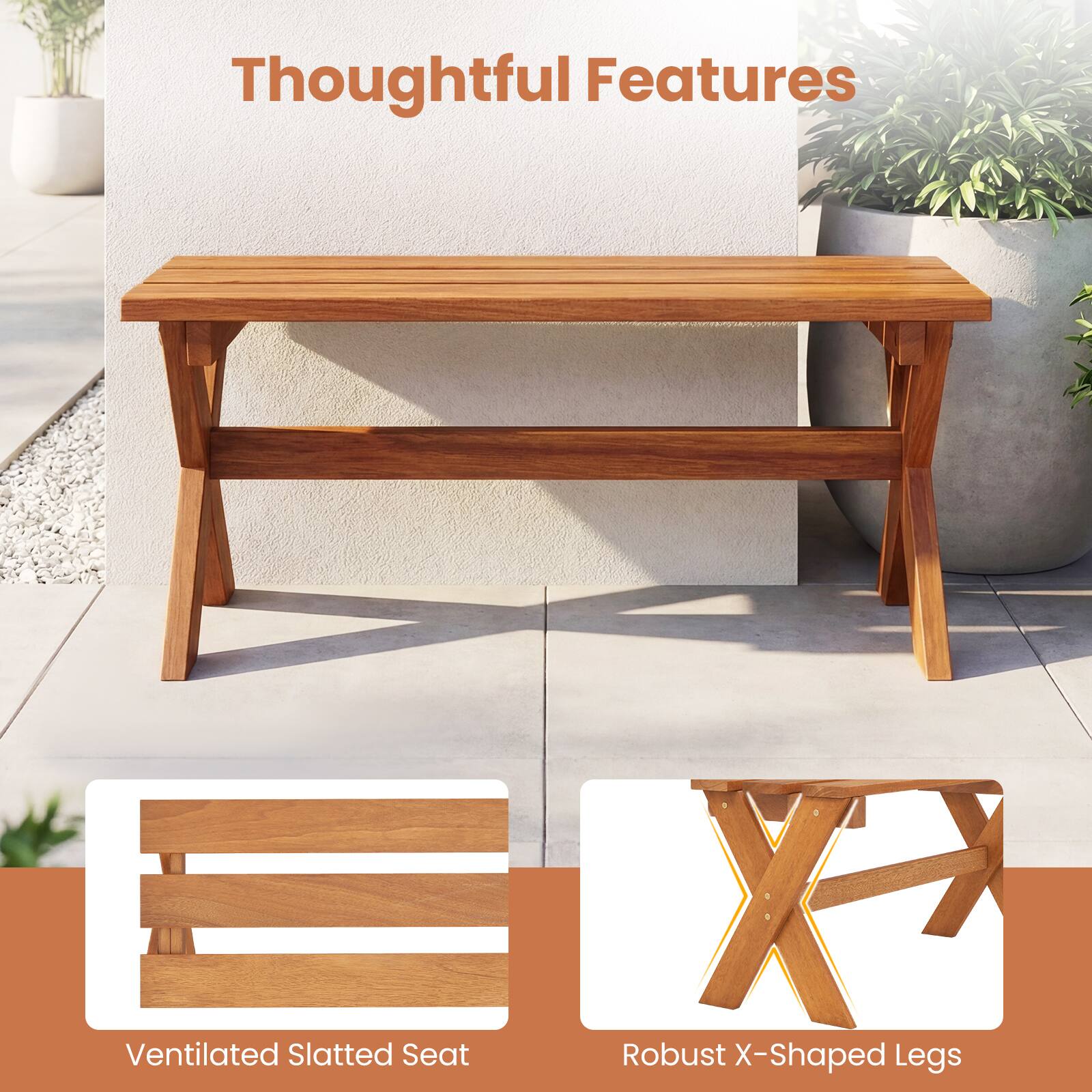 Thoughtful Features

- Ventilated Slatted Seat
- Robust X-Shaped Legs