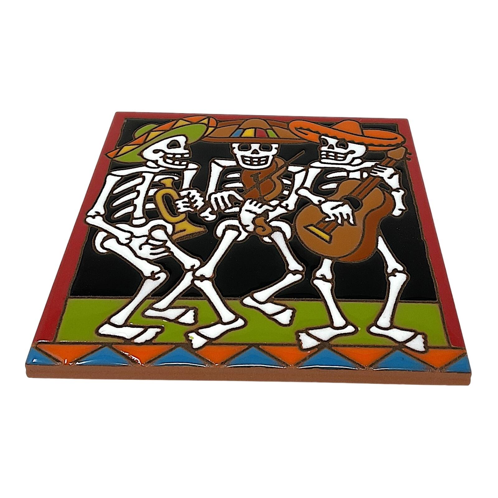 Angle. Earthtones Tile - Earthtones Day of the Dead Skeleton Mariachi Band 6X6 Hand Glazed Southwest Decorative Tile or Trivet - Multicolor.