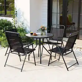 Kadyn - 6 Pieces Patio Dining Set with Umbrella and Stackable Cushioned Chairs, Outdoor Dining Chair for Outside Patio - Gray