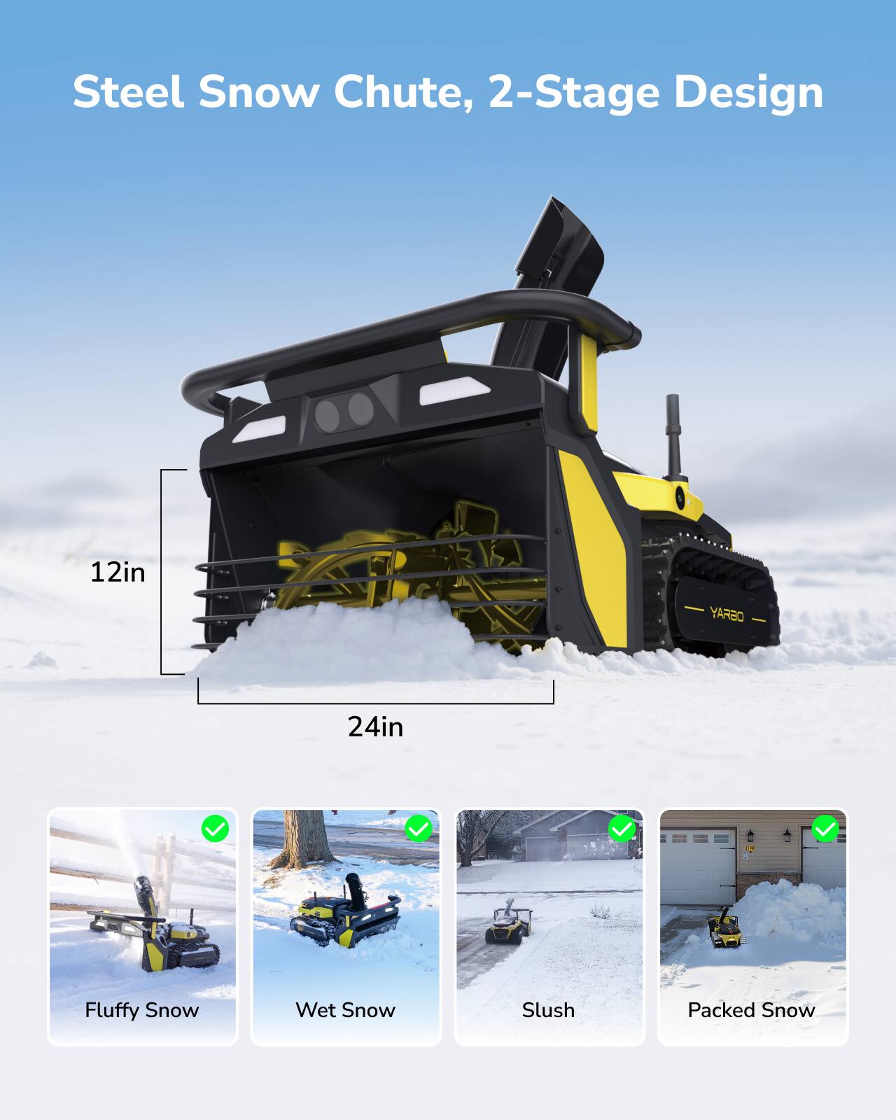 Steel Snow Chute, 2-Stage Design

12in

24in

Fluffy Snow

Wet Snow

Slush

Packed Snow