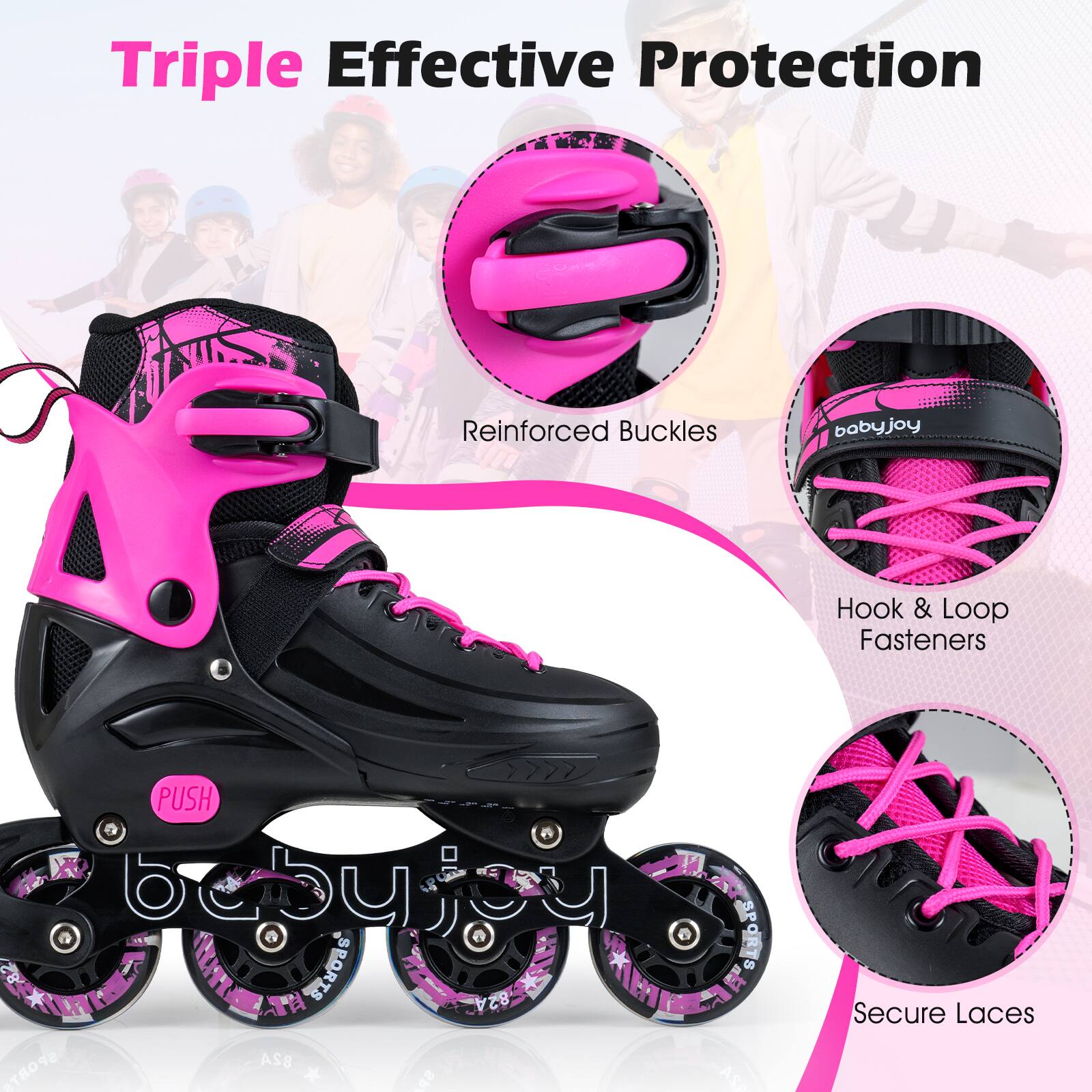 Triple Effective Protection

- Reinforced Buckles
- Hook & Loop Fasteners
- Secure Laces
