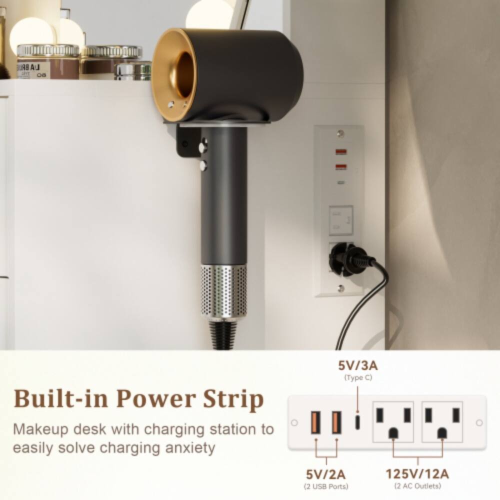 LABRE 06 Built-in Power Strip Makeup desk with charging station to easily solve charging anxiety 5V/3A (Type C) 5V/2A 125V/12A (2 USB Ports) (2 AC Outlets)