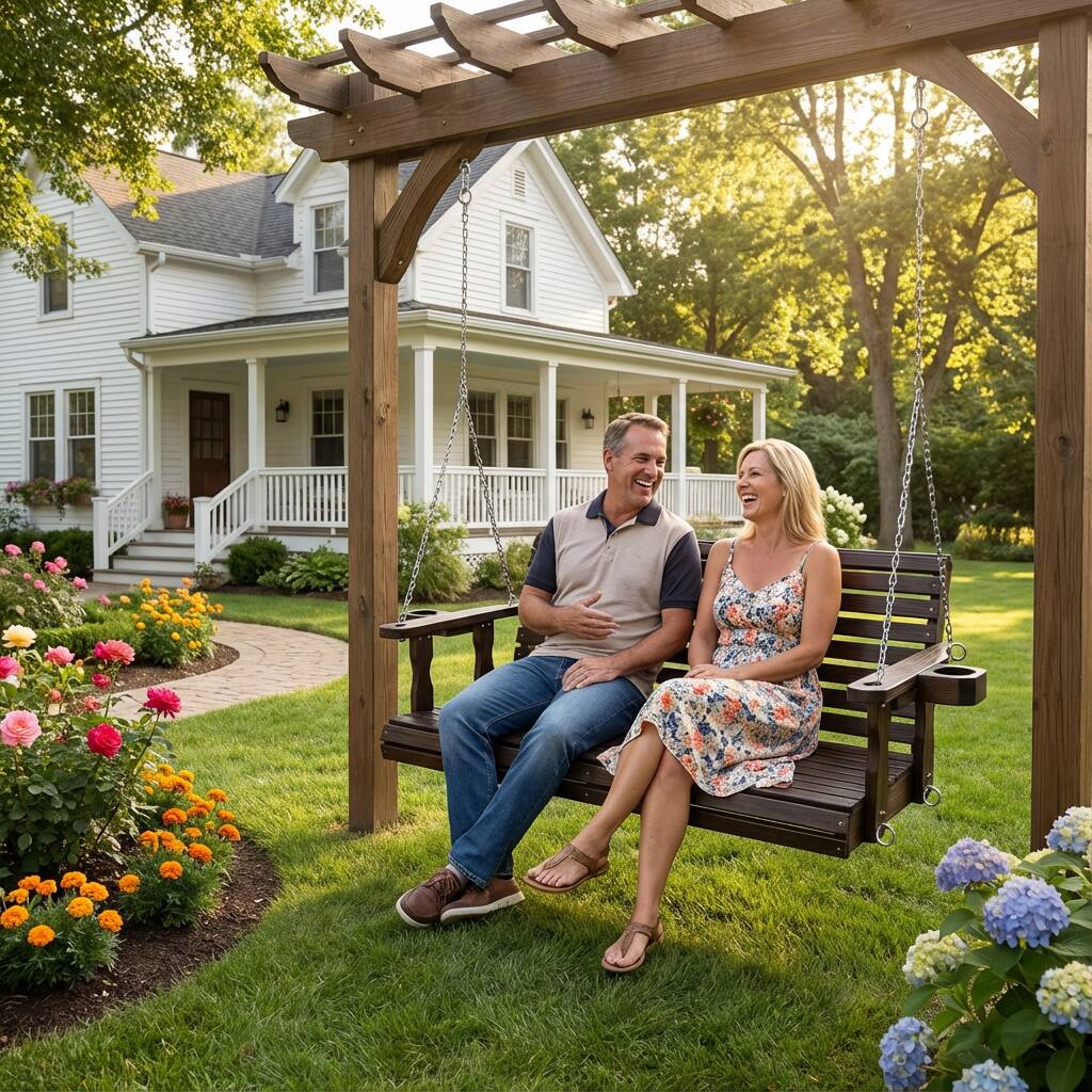 Angle. Fortune Candy - Wooden 3-Seater Porch Swing w/Cupholders , High Back & Deep Seat, Chains & Springs, Heavy Duty 880lbs, 5FT - Deep Brown.