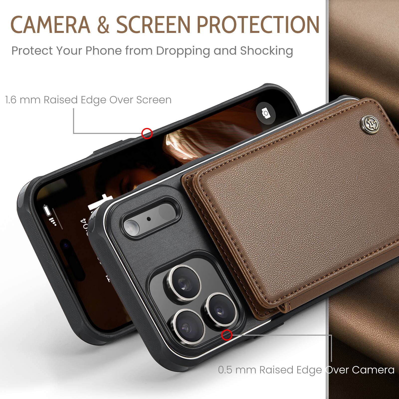 CAMERA & SCREEN PROTECTION  
Protect Your Phone from Dropping and Shocking  

1.6 mm Raised Edge Over Screen  

0.5 mm Raised Edge Over Camera