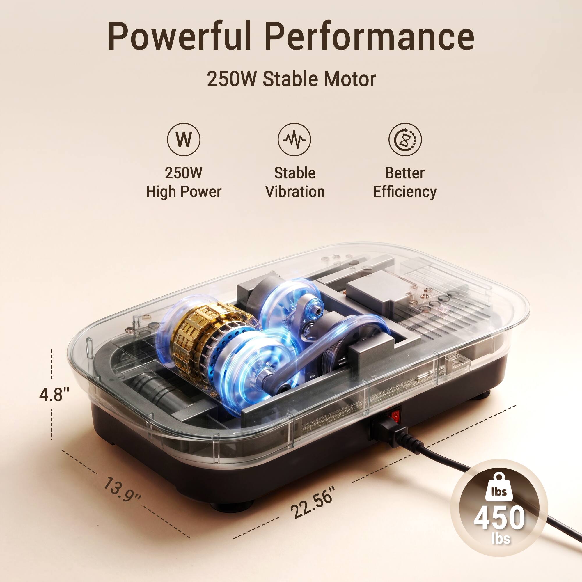 Powerful Performance  
250W Stable Motor  
250W High Power  
Stable Vibration  
Better Efficiency  
4.8" x 13.9" x 22.56"  
450 lbs