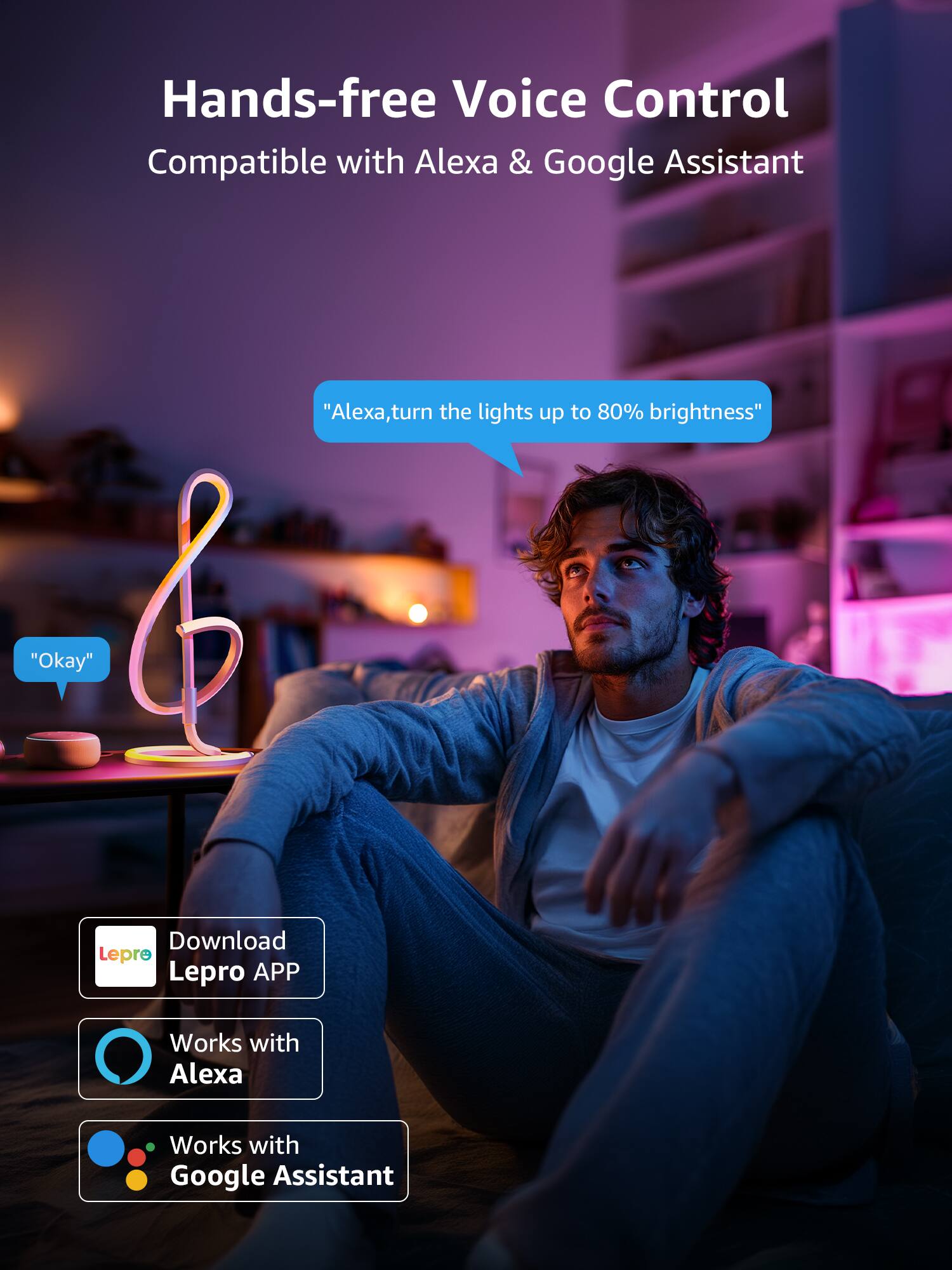 Hands-free Voice Control Compatible with Alexa & Google Assistant "Alexa, turn the lights up to 80% brightness" "Okay" Download Lepre Lepro APP Works with Alexa Works with Google Assistant