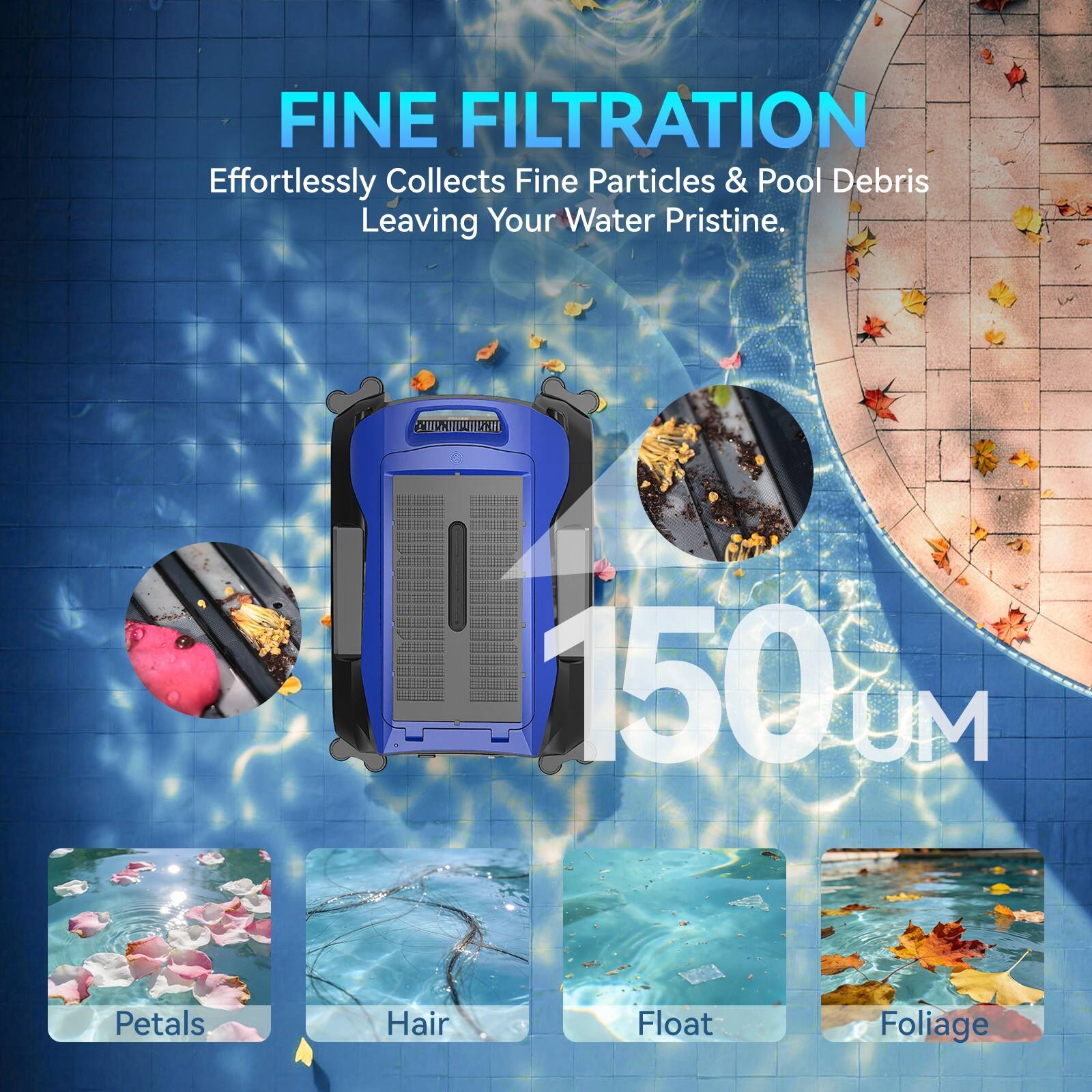 FINE FILTRATION  
Effortlessly Collects Fine Particles & Pool Debris Leaving Your Water Pristine.  

150 µM  

Petals  
Hair  
Float  
Foliage