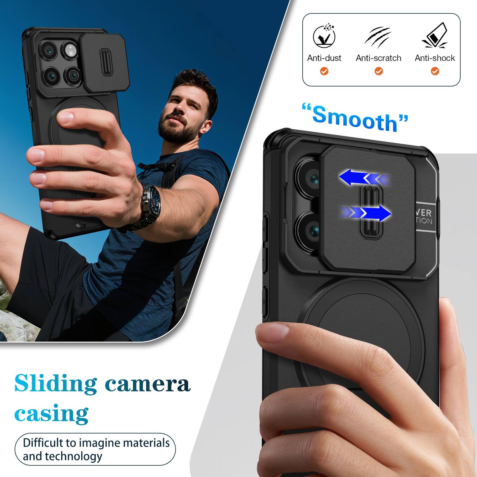 Anti-dust  
Anti-scratch  
Anti-shock  
"Smooth"  
Sliding camera casing  
Difficult to imagine materials and technology