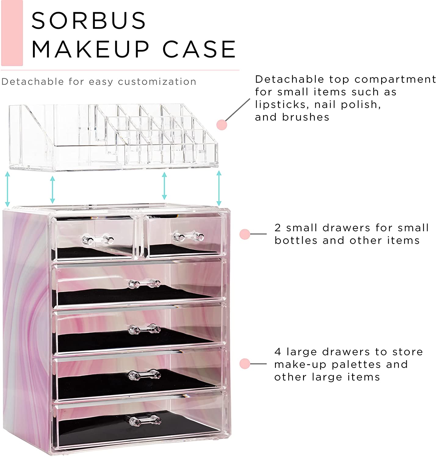 SORBUS MAKEUP CASE

- Detachable for easy customization
- Detachable top compartment for small items such as lipsticks, nail polish, and brushes
- 2 small drawers for small bottles and other items
- 4 large drawers to store make-up palettes and other large items