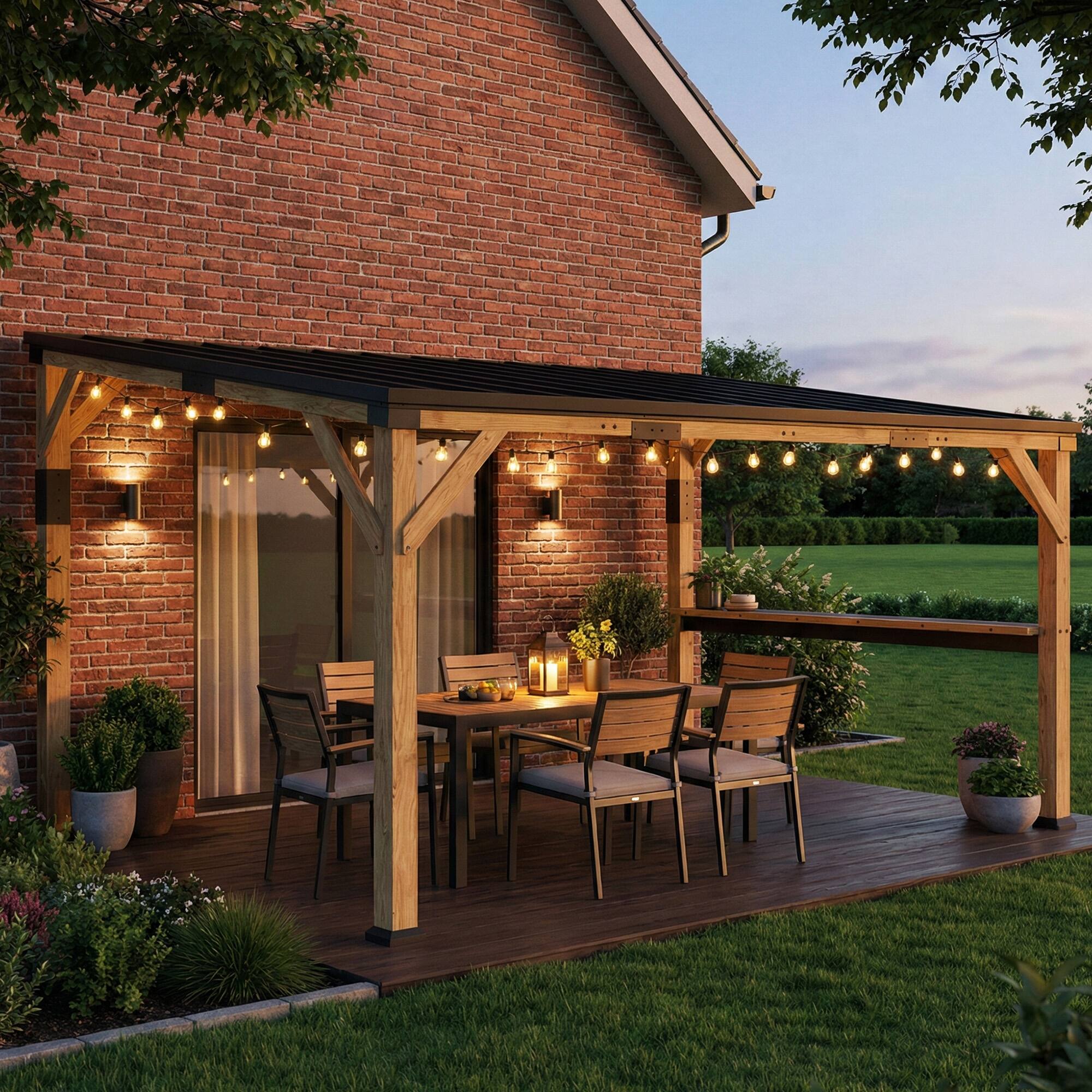 Alt View 1. Outsunny - x 14' Wooden Gazebo, Hardtop Lean-to Gazebo Pergola with Galvanized Steel Sloped Roof, Bar Shelf.