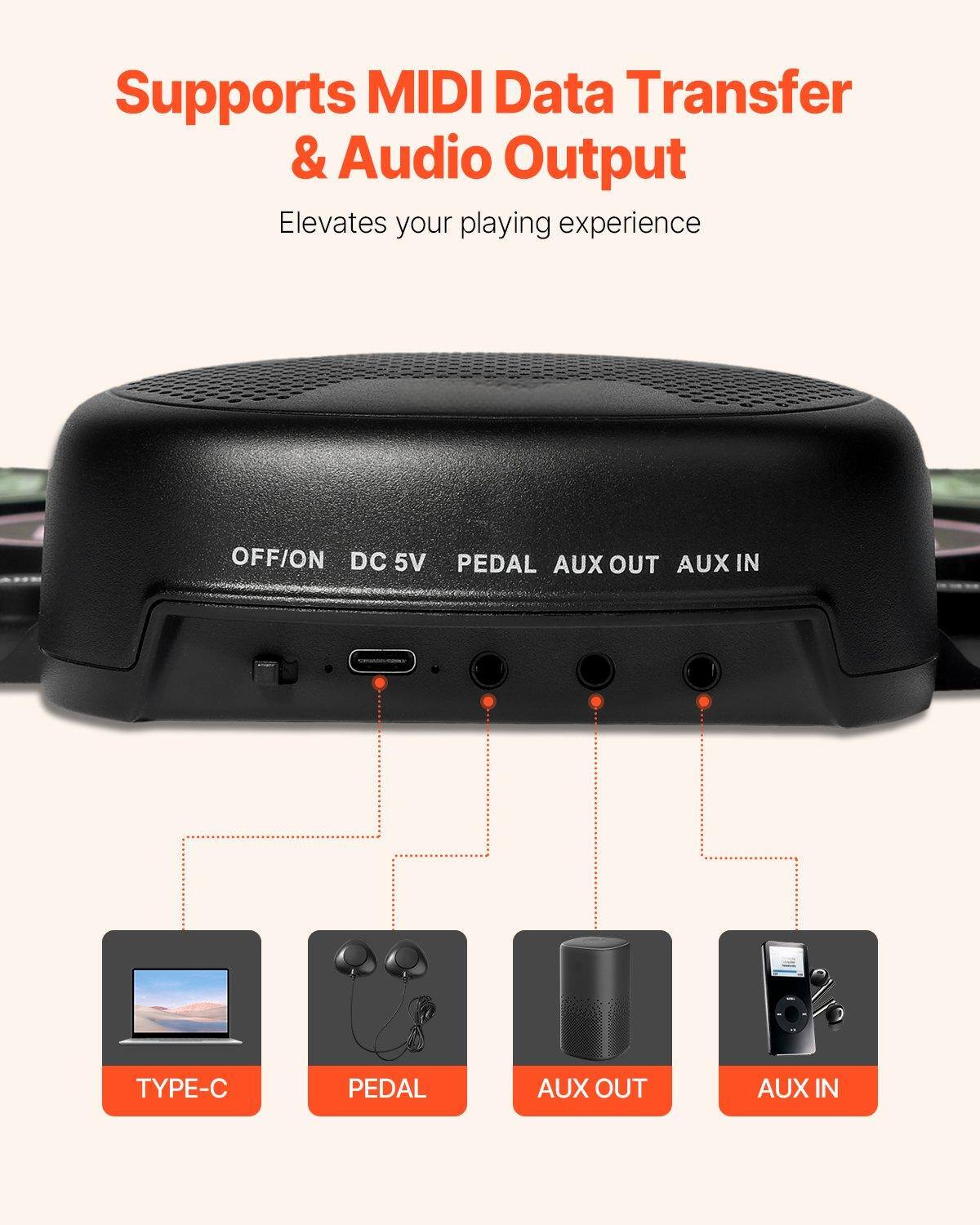 Supports MIDI Data Transfer & Audio Output  
Elevates your playing experience  

OFF/ON DC 5V PEDAL AUX OUT AUX IN  

TYPE-C  
PEDAL  
AUX OUT  
AUX IN