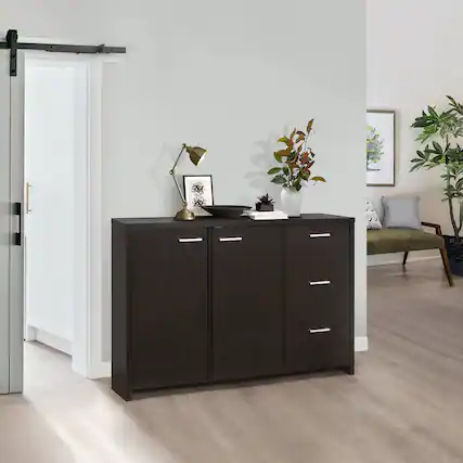 Front. Kings Brand Furniture - Kings Brand Furniture Lebeau Buffet Storage Cabinet, Oak Chocolate - Dark Brown.