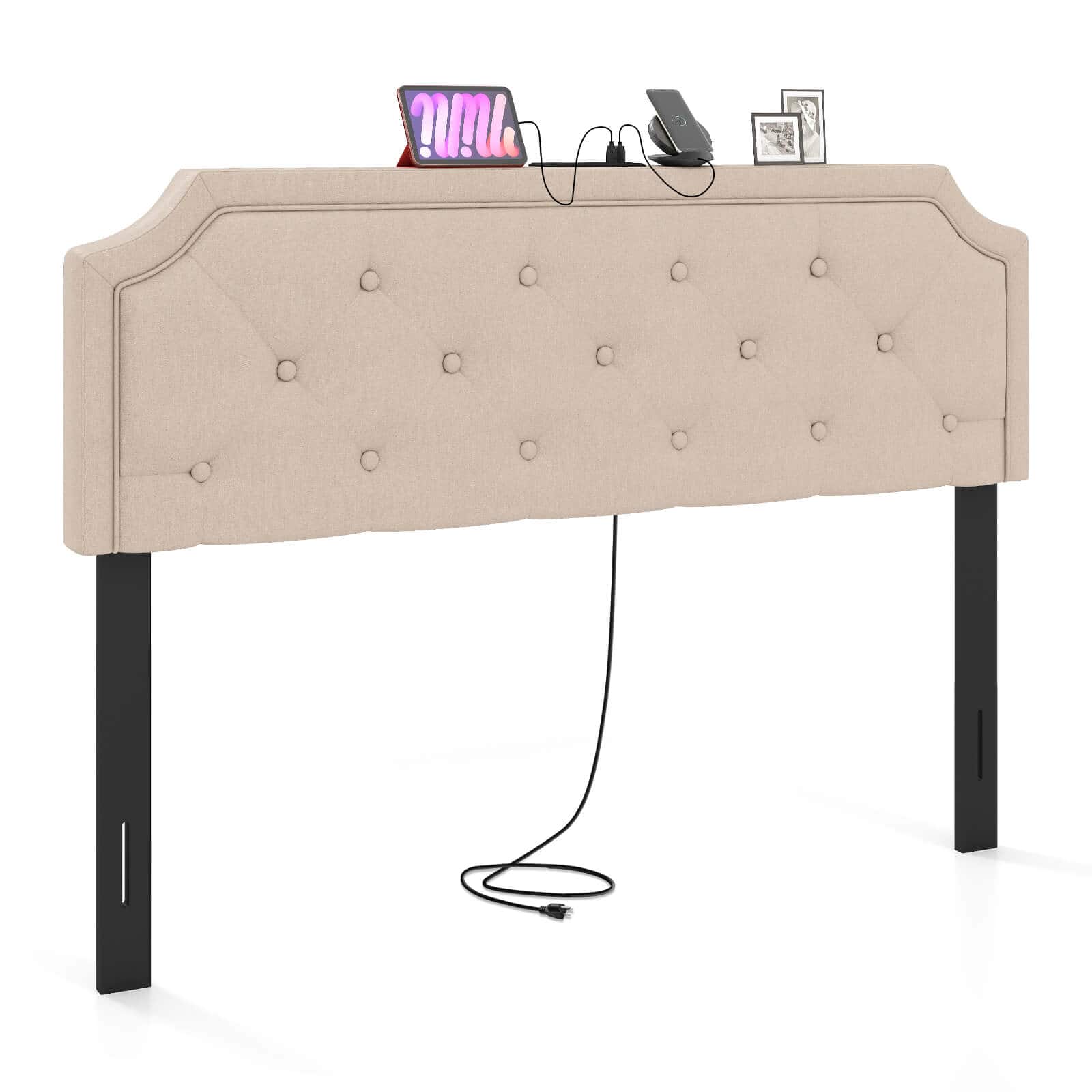Costway - Headboard for Queen & Full Size Bed,Tufted Upholstered Head Board with 2 AC Outlets - Beige