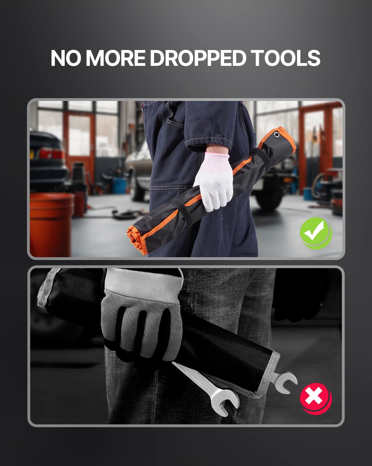 NO MORE DROPPED TOOLS

- [✔️] Correct: Person holding a tool belt with tools securely stored.
- [❌] Incorrect: Person holding a wrench with tools not stored properly.