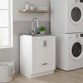 Simpli Home - Reed 28 inch Wide Utility Sink and Laundry Cabinet, Finish - Glacier White