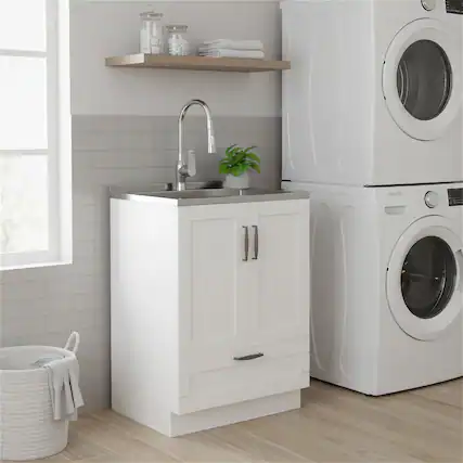 Front. Simpli Home - Reed 28 inch Wide Utility Sink and Laundry Cabinet, Glacier White Finish - Glacier White.