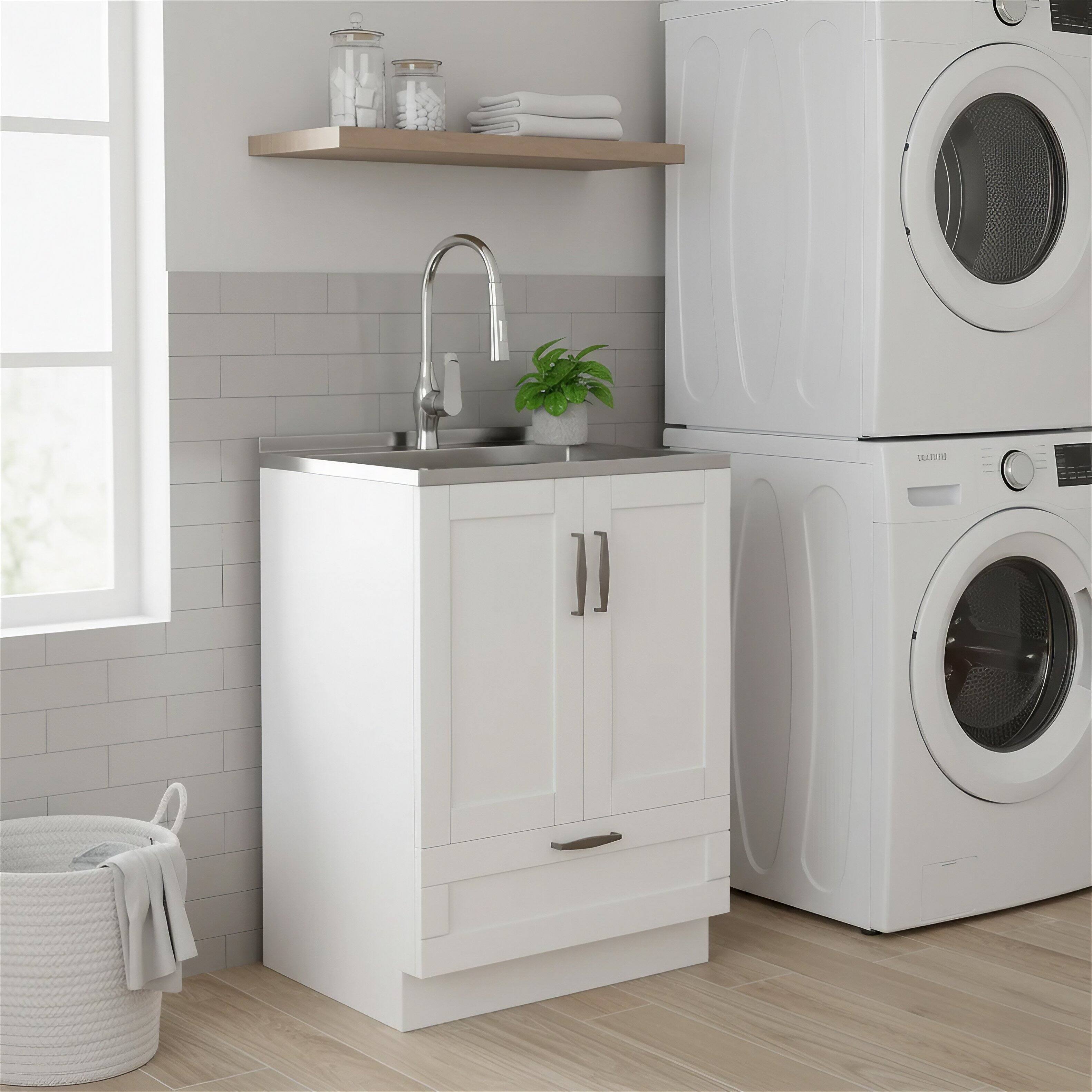 Front. Simpli Home - Reed 28 inch Wide Utility Sink and Laundry Cabinet, Glacier White Finish - Glacier White.